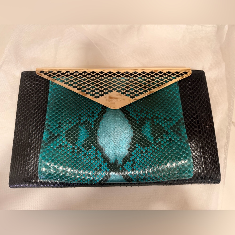 Jimmy Choo Black and Emerald Green Genuine Python Clutch with Gold Accent